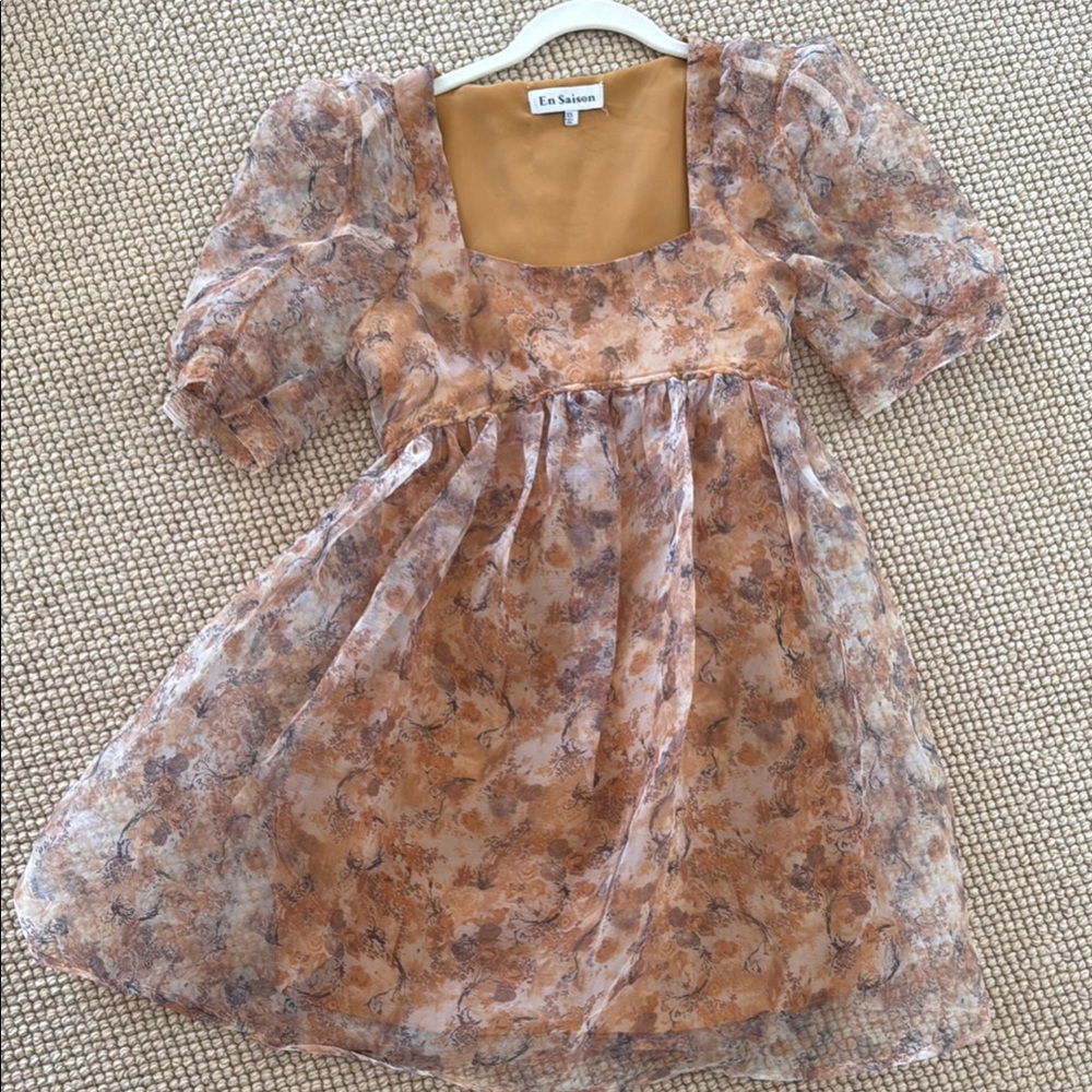 En Saison Pink and Brown Puff Sleeve Sundress